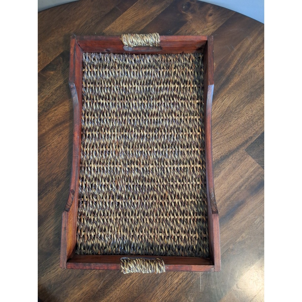Rustic Wood and Woven Seagrass Serving Tray with Handles Brown Rectangle 17.5in - Picture 5 of 7